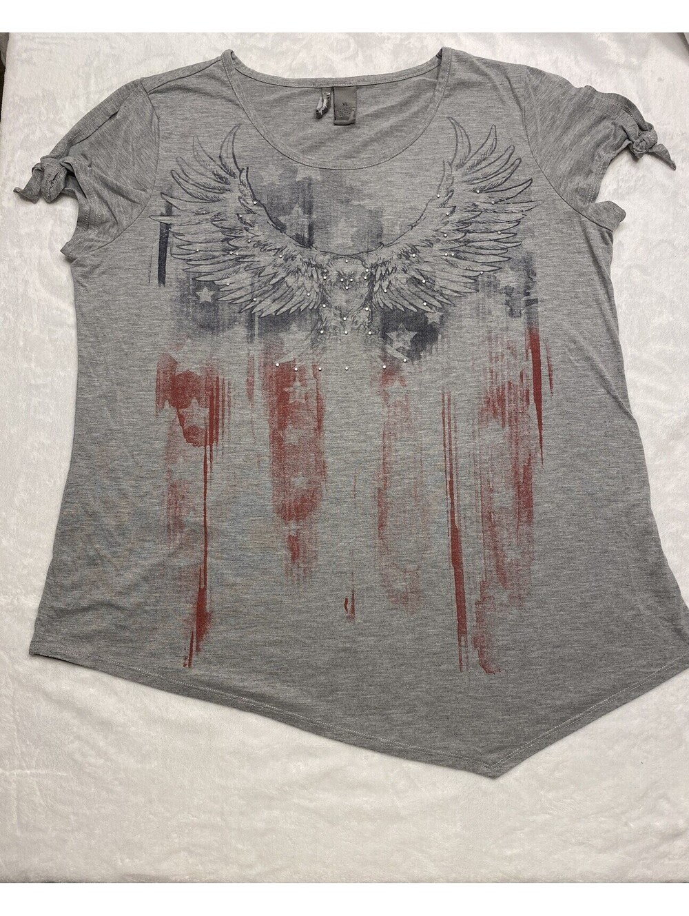 New Directions Weekend Patriotic Top Womens Size XL Gray USA Tee Shirt "Eagle - Picture 1 of 5